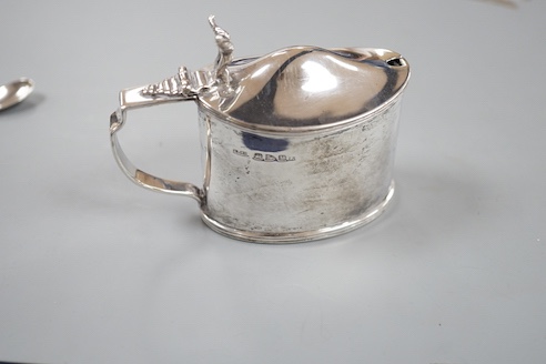 A late Victorian silver oval mustard pot, Stokes & Ireland Ltd, Chester, 1895, length 96mm.